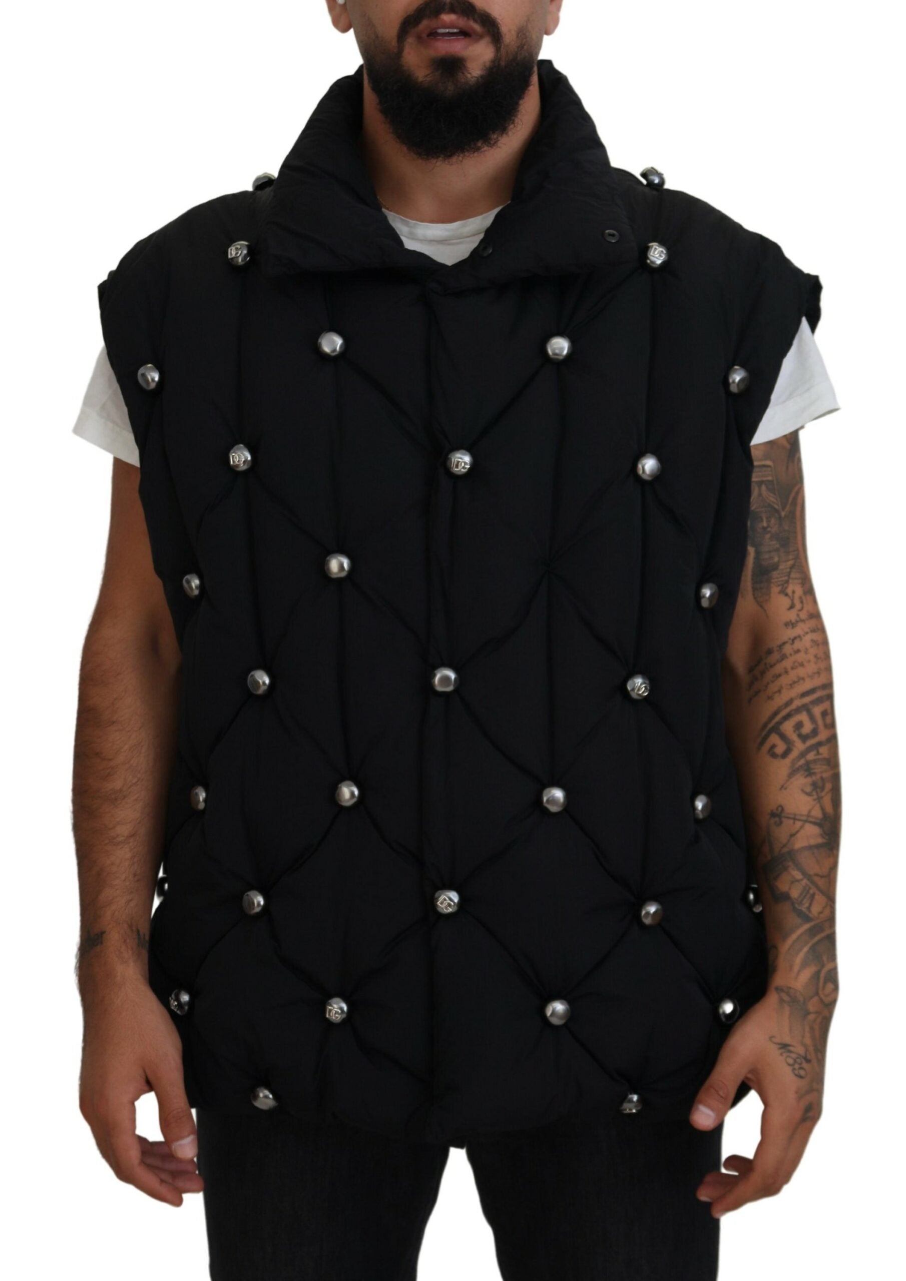 Black sleeveless Dolce & Gabbana metal-embellished jacket with a sleek design and modern style.