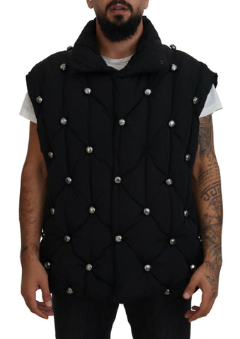 Black sleeveless Dolce & Gabbana metal-embellished jacket with a sleek design and modern style.