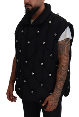 Black sleeveless Dolce & Gabbana metal-embellished jacket with a modern, stylish design and sleek fabric finish.