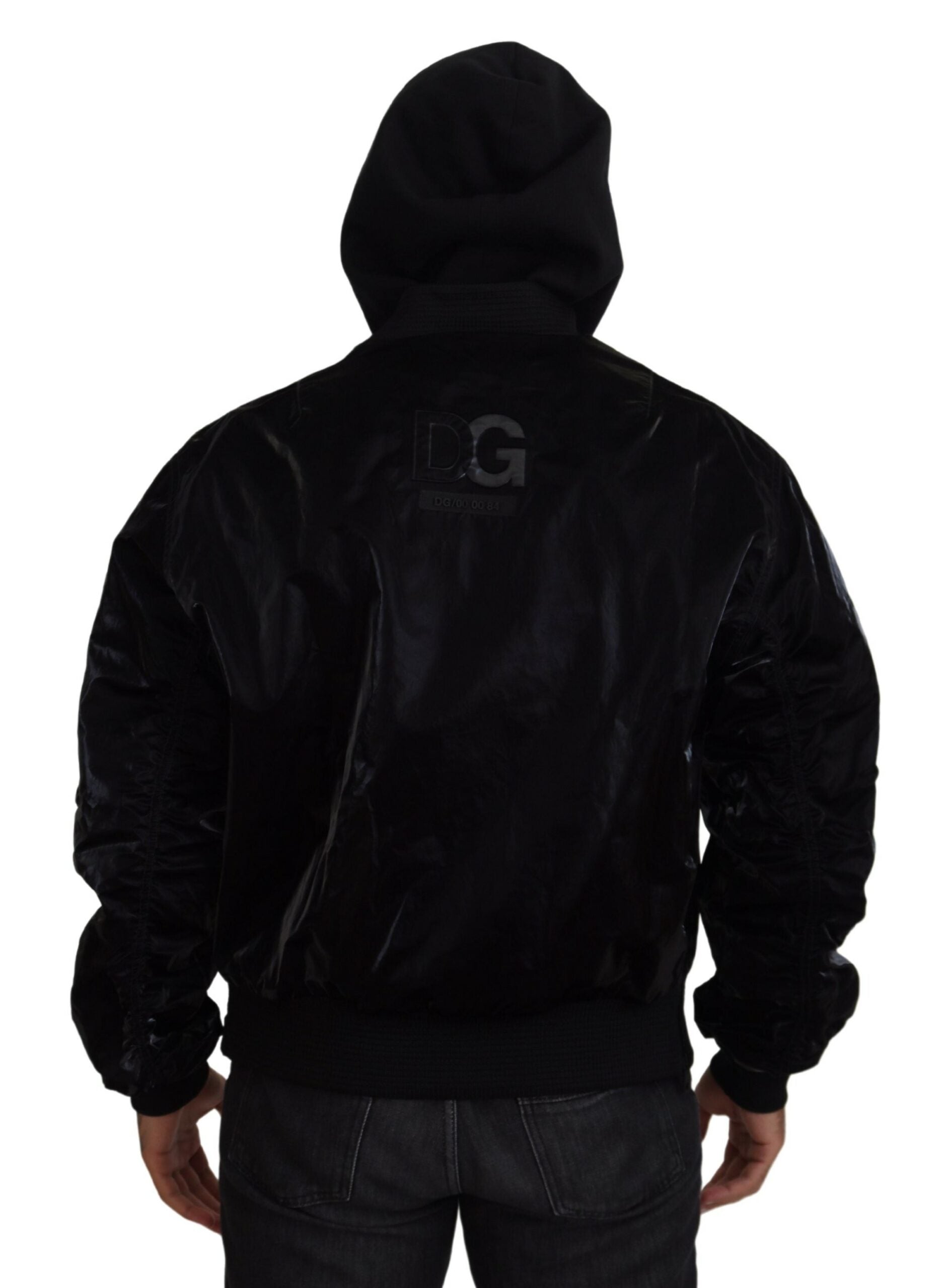 Black nylon hooded full zip bomber jacket by Dolce & Gabbana, shown with front view, featuring a hood and zip closure.