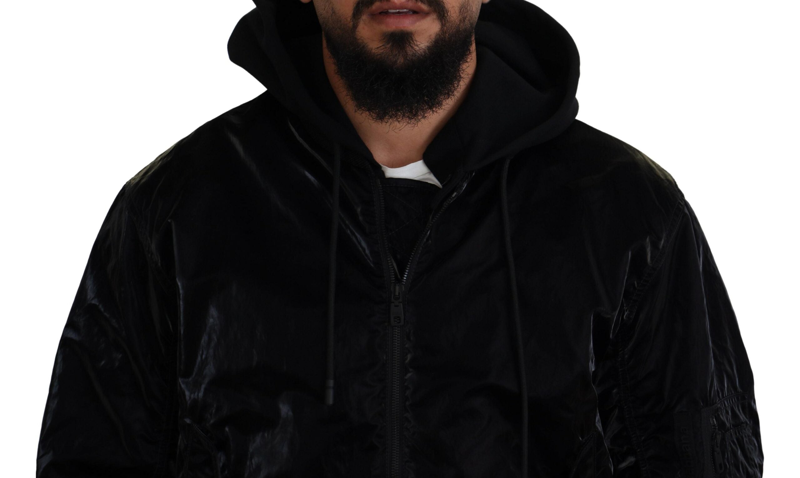 Black nylon hooded full zip bomber jacket by Dolce & Gabbana, shown on a hanger with front view and hood details.