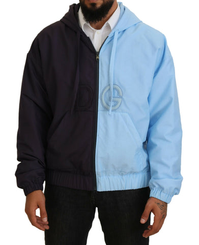 Black and blue Dolce & Gabbana hooded full-zip men's jacket with front pockets and logo detail.