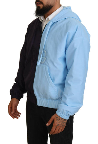 Black and blue Dolce & Gabbana hooded full-zip men's jacket with logo details, casual style, and adjustable hood.