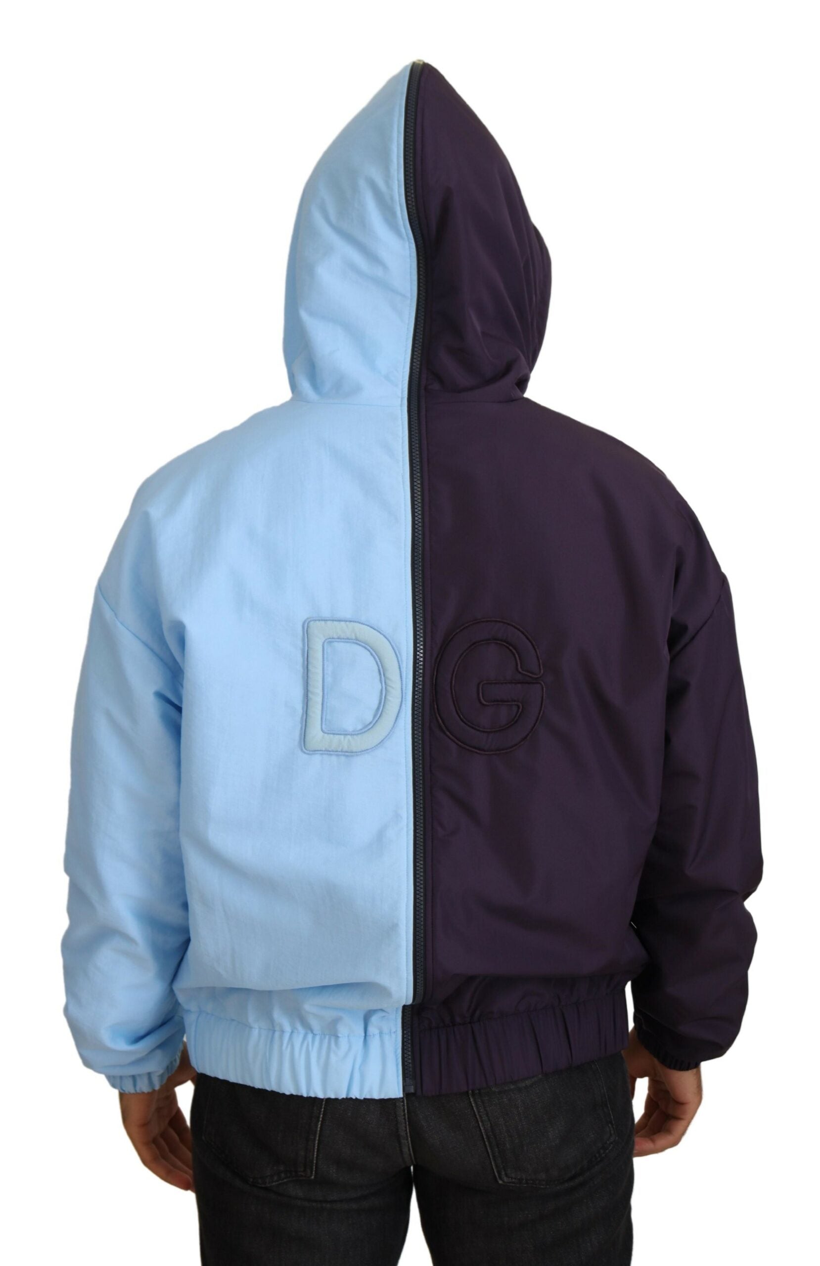 Black and blue Dolce & Gabbana hooded full-zip men's jacket with logo details and sporty design.