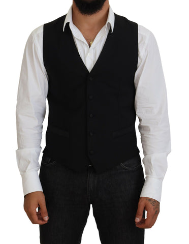 Black Virgin Wool Waistcoat by Dolce & Gabbana, formal vest with tailored fit and elegant design, displayed on a neutral background.