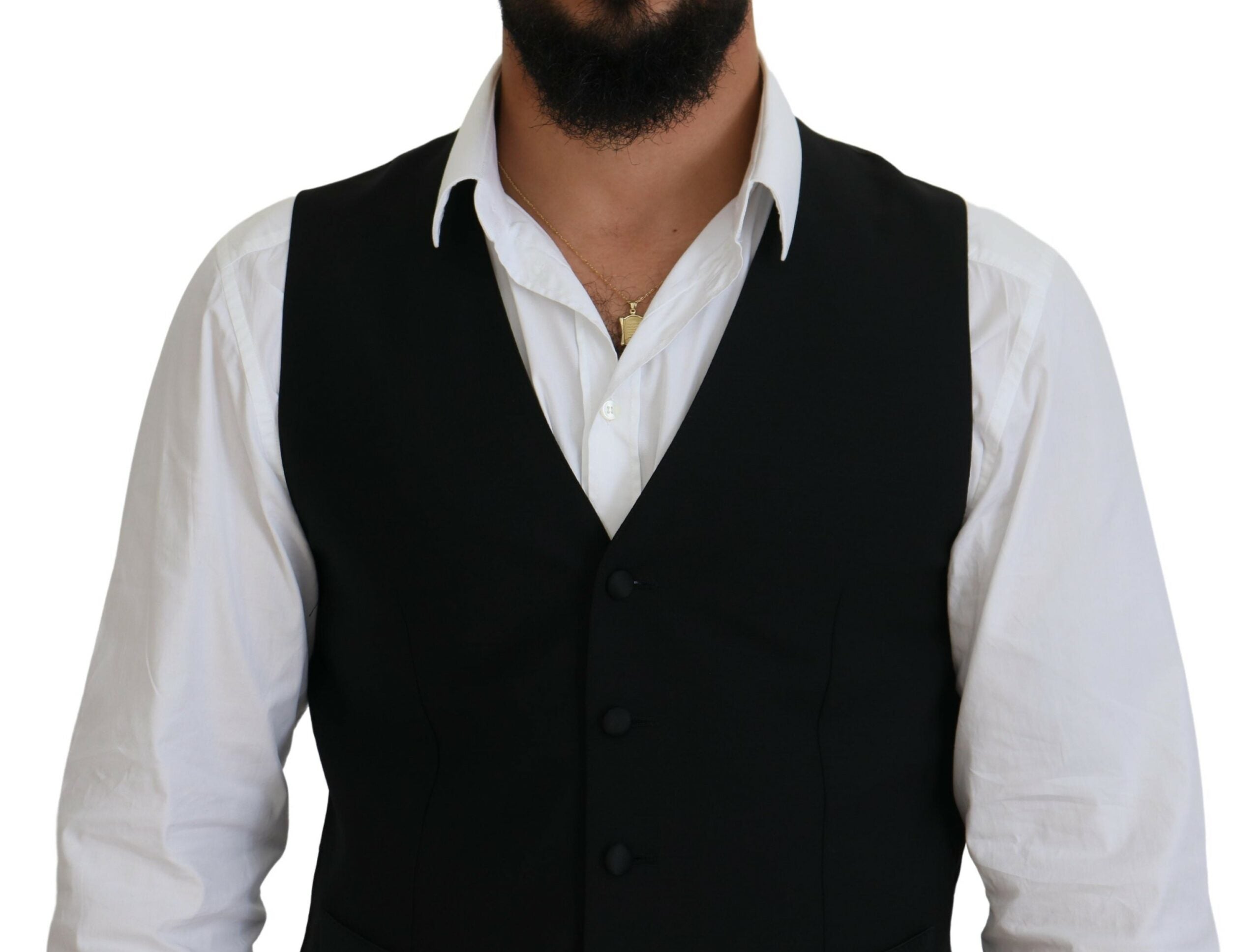 Black Virgin Wool Waistcoat by Dolce & Gabbana, formal vest with tailored fit and classic design, shown on a mannequin.