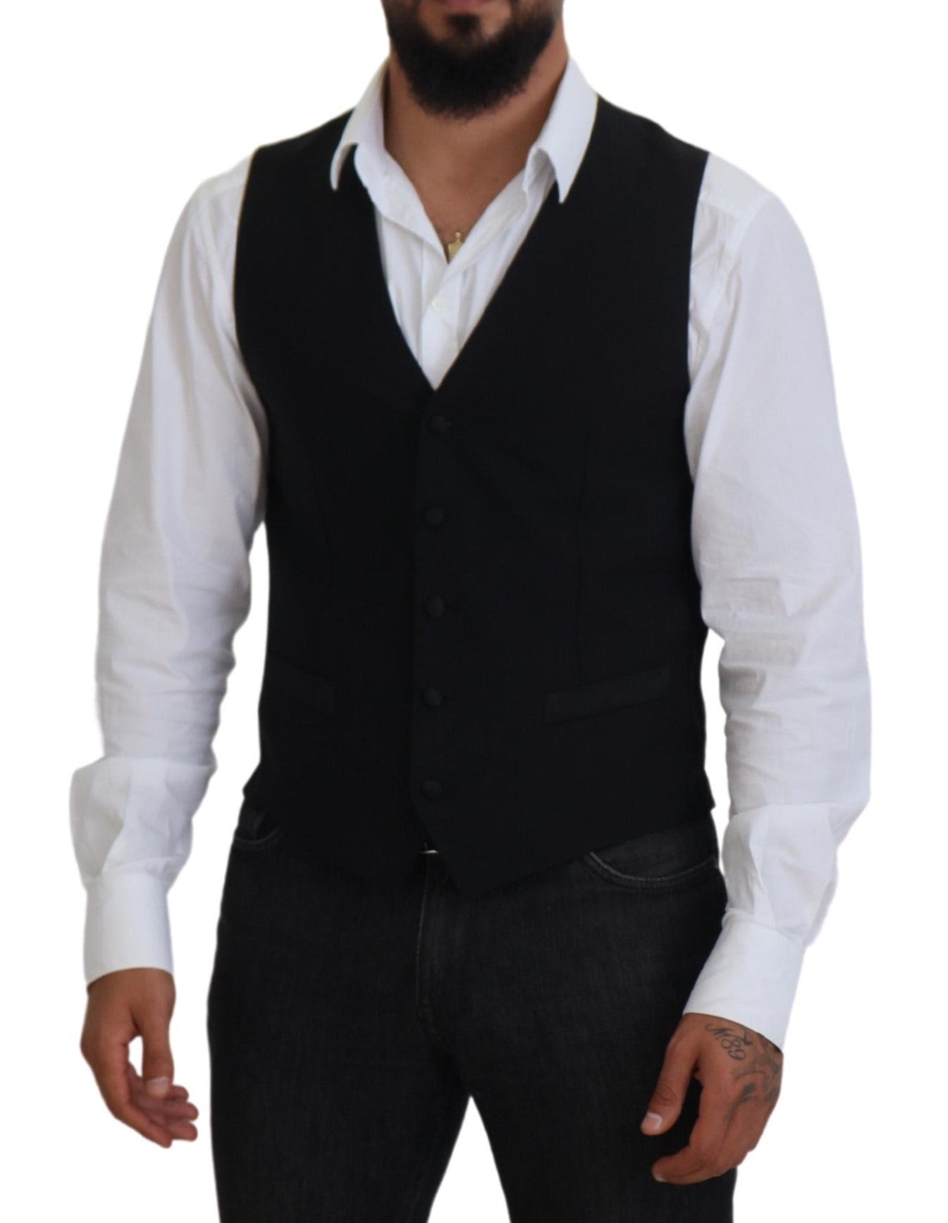 Black Virgin Wool waistcoat by Dolce & Gabbana, formal vest featuring tailored fit and classic design, close-up of fabric and detailing.