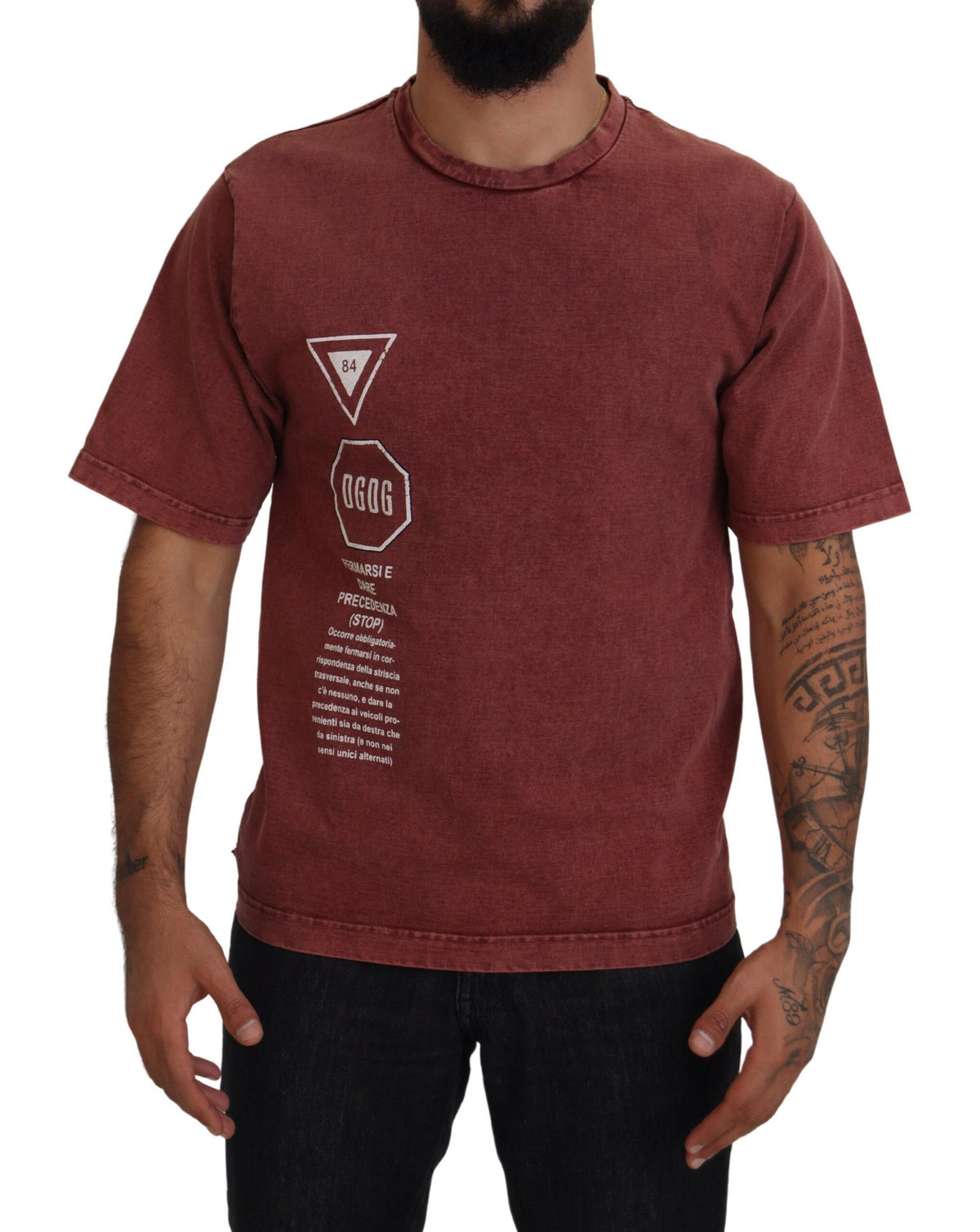 Dolce & Gabbana maroon print round neck short sleeve T-shirt with graphic design on front.