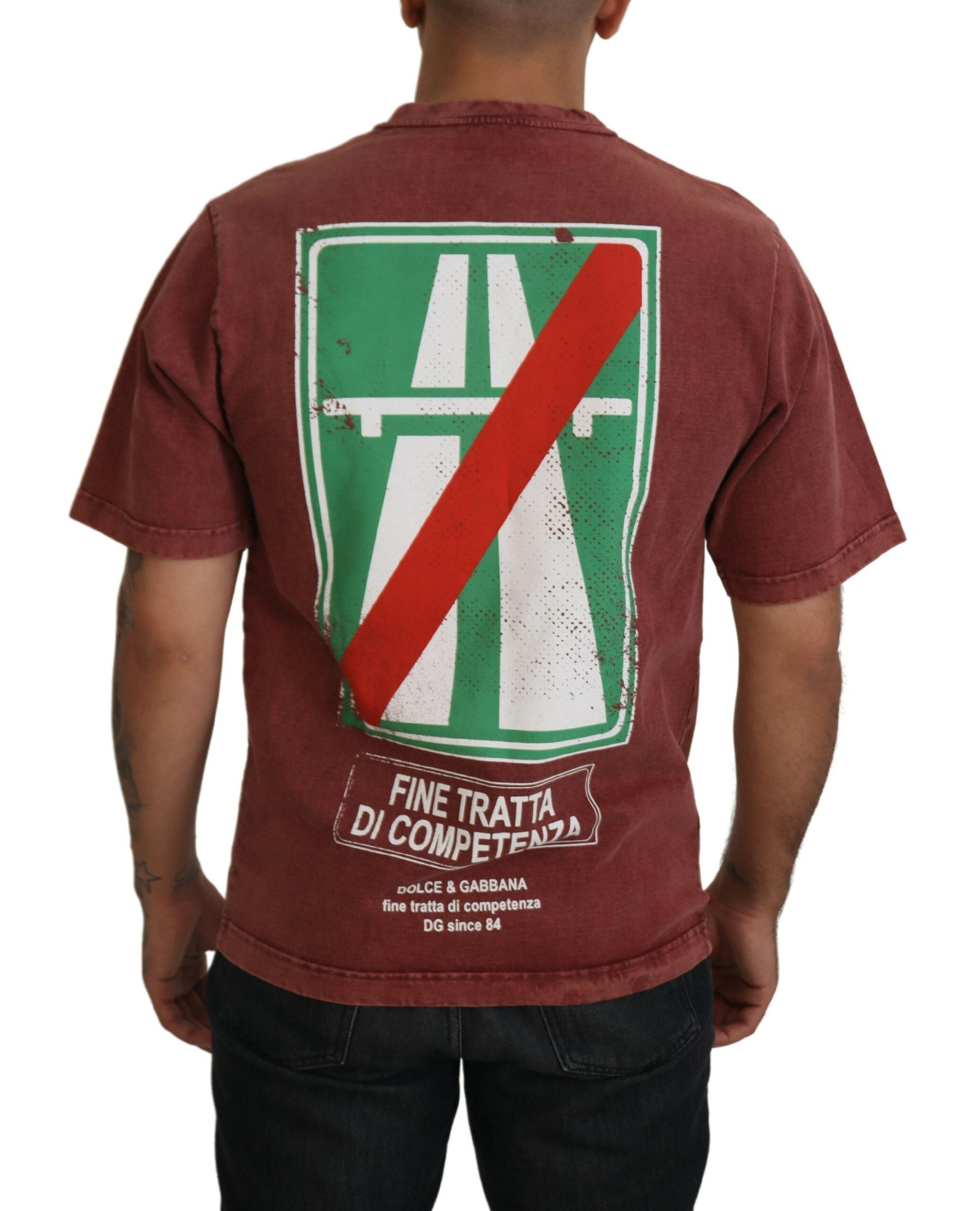 Dolce & Gabbana maroon print round neck short sleeve T-shirt with stylish pattern on fabric.