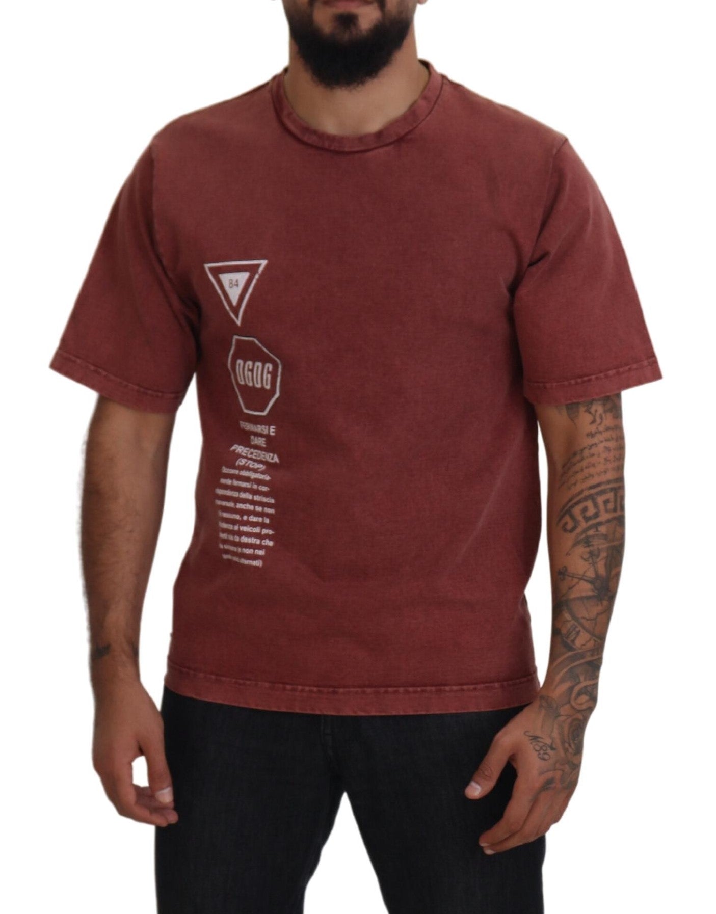 Dolce & Gabbana maroon print round neck short sleeve T-shirt with vibrant pattern on soft fabric.