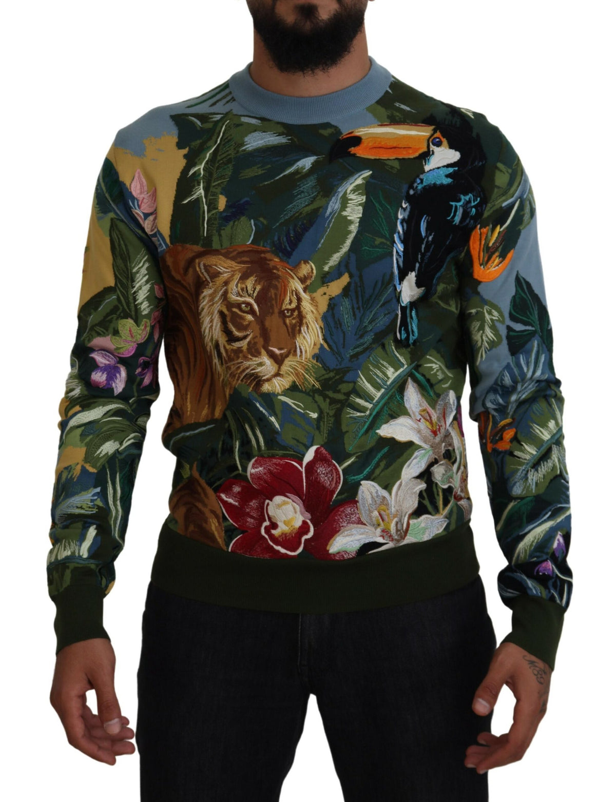 Multicolor jungle wool pullover sweater with logo by Dolce & Gabbana, featuring vibrant jungle print and cozy knit fabric.