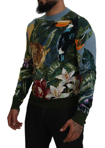 Multicolor jungle wool pullover sweater with logo from Dolce & Gabbana, showcasing a vibrant, patterned design on a soft knit fabric.