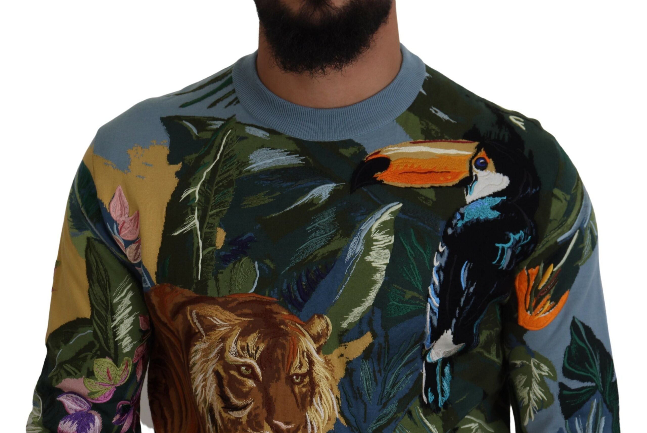 Multicolor jungle wool pullover sweater with logo from Dolce & Gabbana, featuring a vibrant, patterned design.