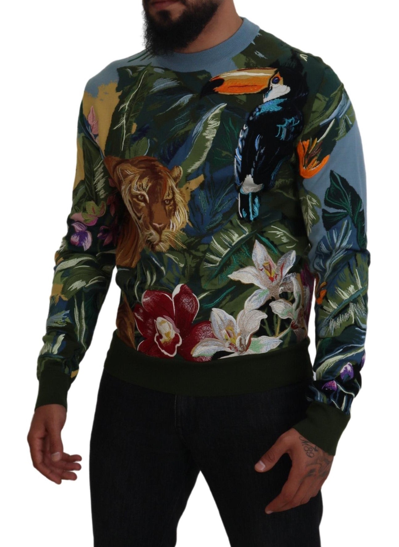 Multicolor jungle wool pullover sweater with logo from Dolce & Gabbana, featuring vibrant jungle print and cozy knit texture.