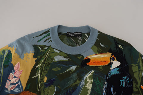 Multicolor jungle wool pullover sweater with logo from Dolce & Gabbana, featuring vibrant animal print and cozy knit fabric.