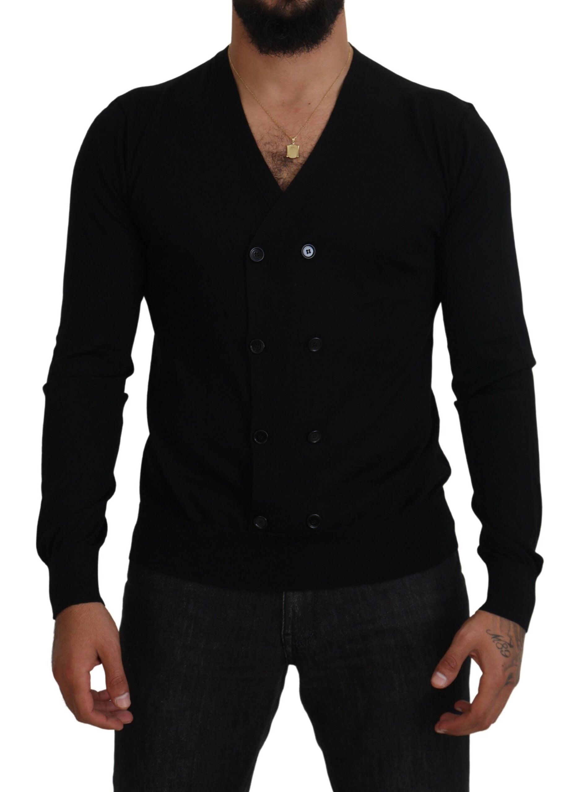 Black cashmere button-down cardigan sweater by Dolce & Gabbana, featuring a soft knit texture and classic button details.