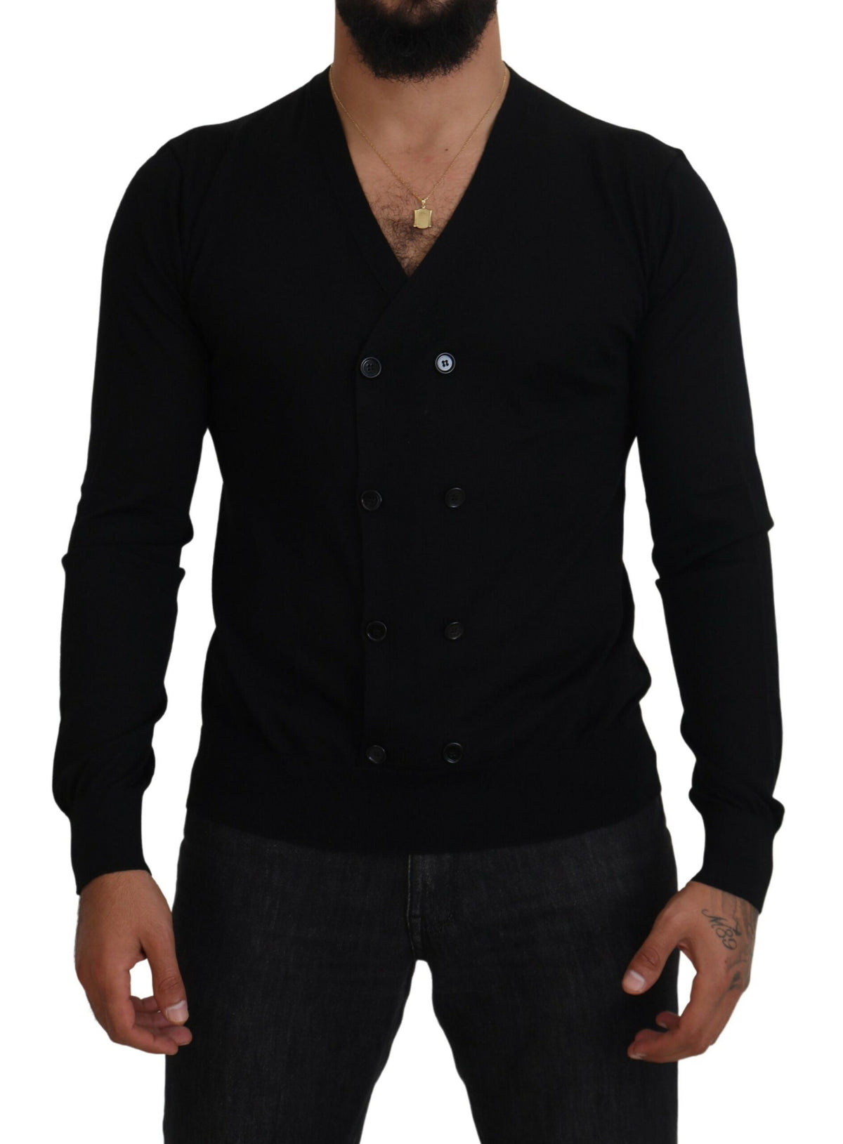 Black cashmere button-down cardigan sweater by Dolce & Gabbana, featuring a soft knit texture and classic button details.