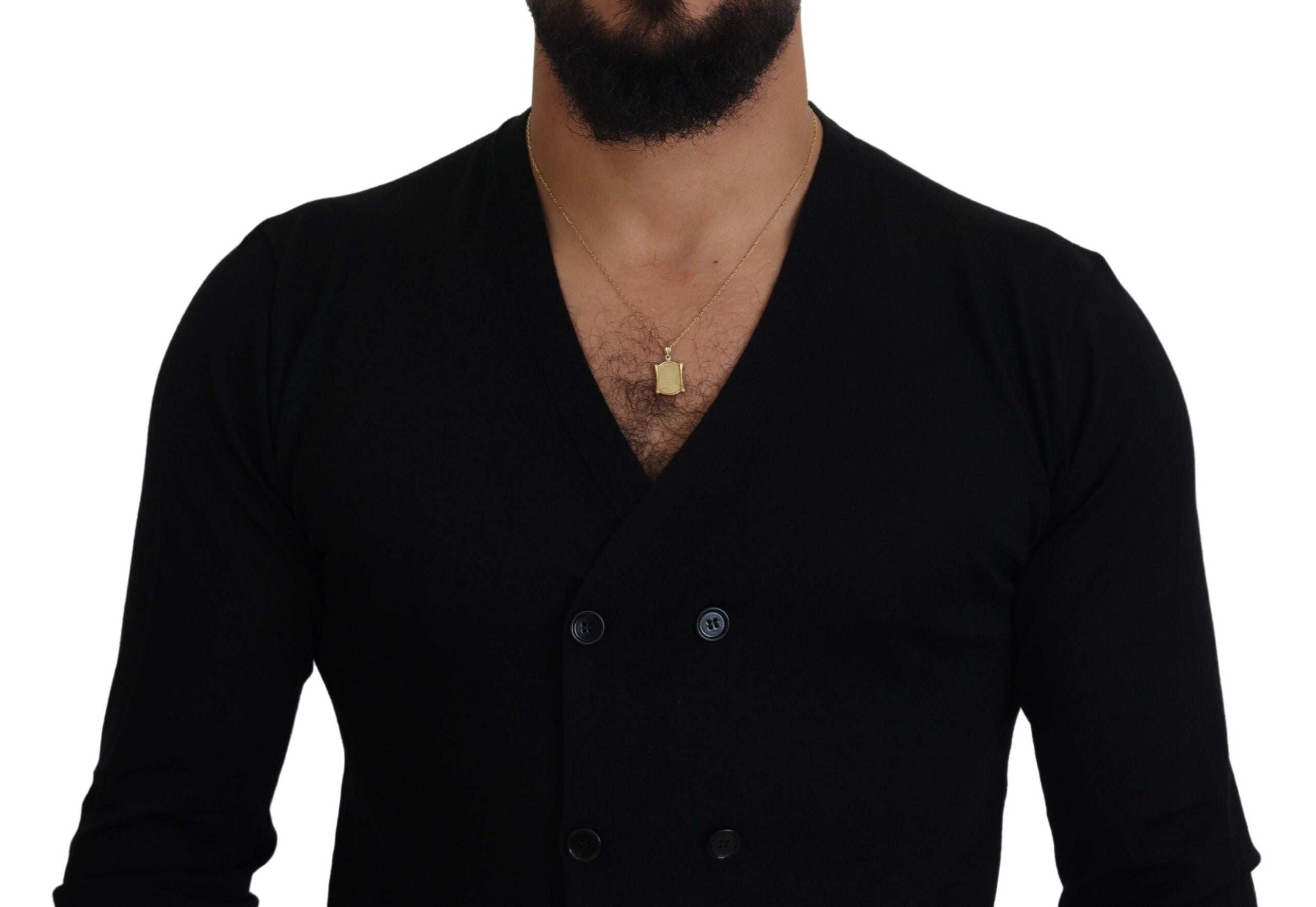 Black Dolce & Gabbana cashmere button-down cardigan sweater with a classic fit and front buttons, displayed on a neutral background.