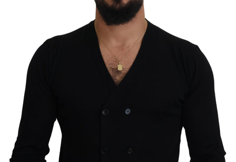 Black Dolce & Gabbana cashmere button-down cardigan sweater with a classic fit and front buttons, displayed on a neutral background.