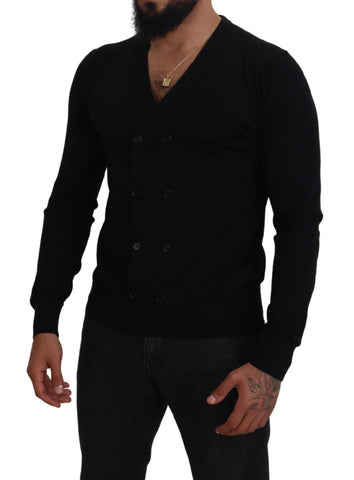 Black cashmere button-down cardigan sweater by Dolce & Gabbana, featuring a classic design and soft knit fabric.