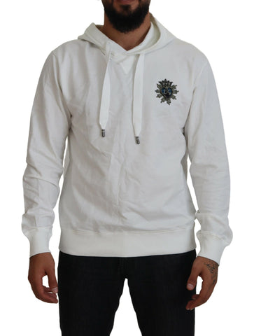 White cotton hooded sweatshirt with logo detail, Dolce & Gabbana men's casual hoodie with front pocket and drawstring hood.