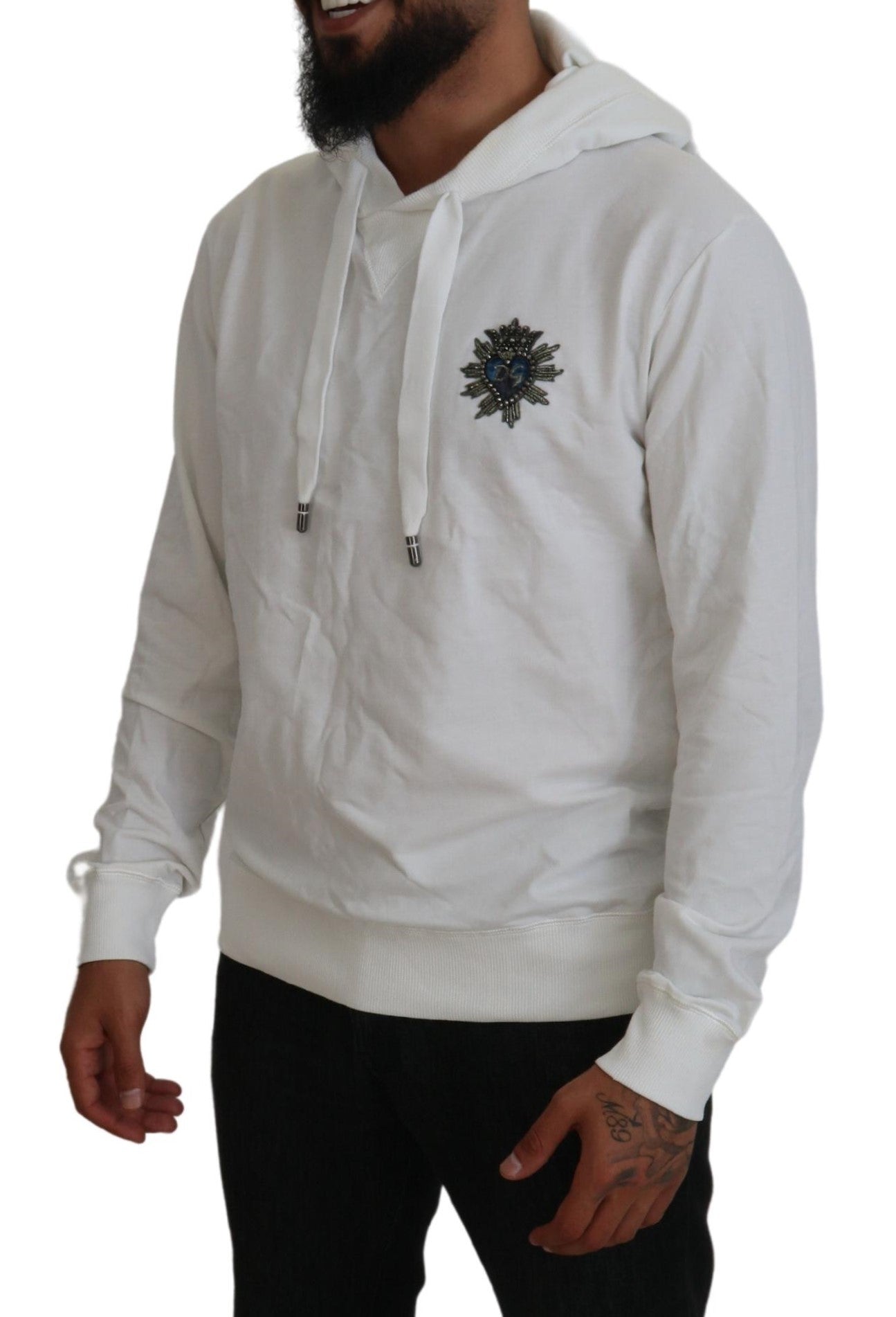 White cotton hooded sweatshirt with Dolce & Gabbana logo, featuring a casual fit and drawstring hood.