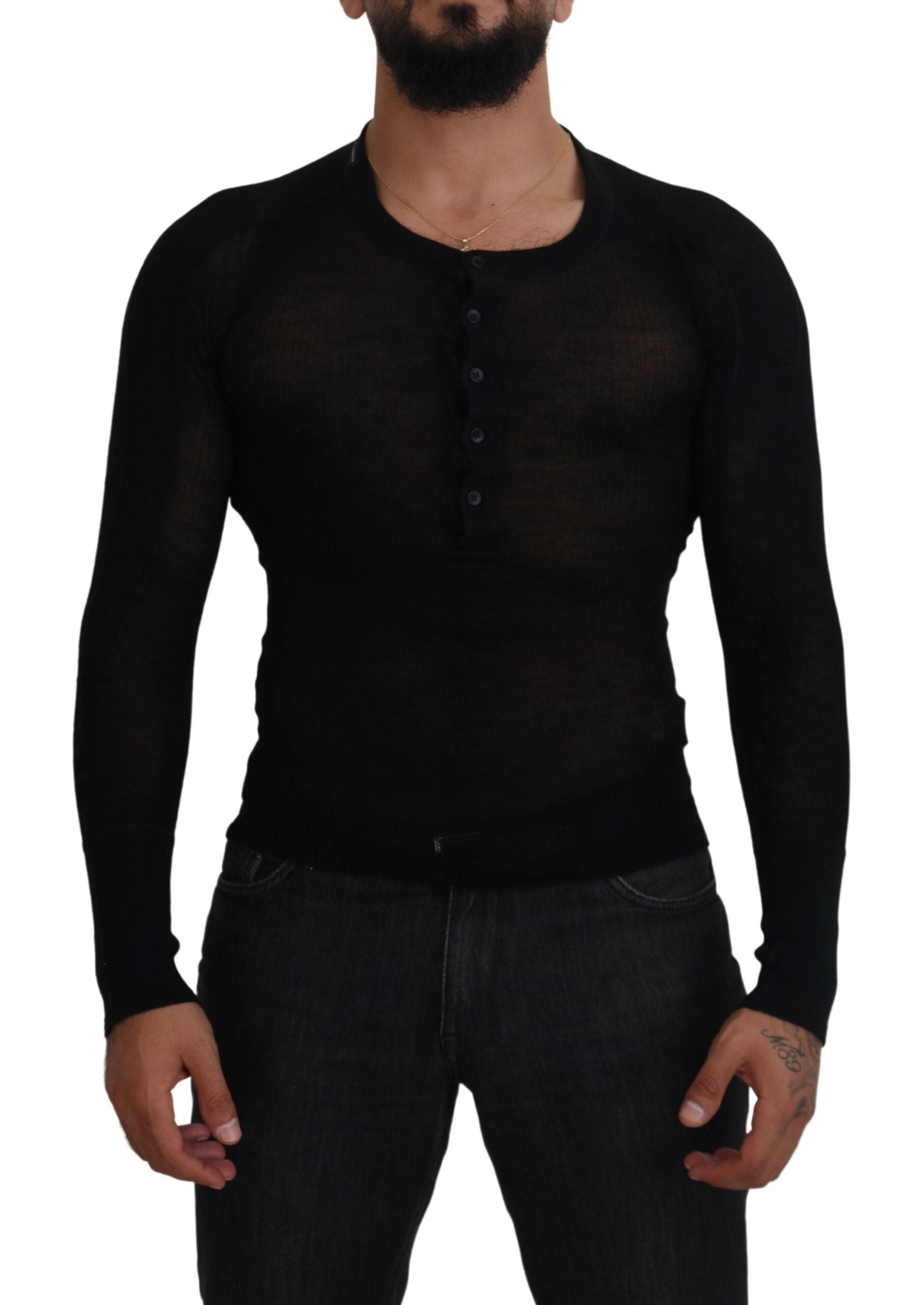 Black Dolce & Gabbana cashmere button pullover sweater with a classic crew neck and ribbed cuffs.
