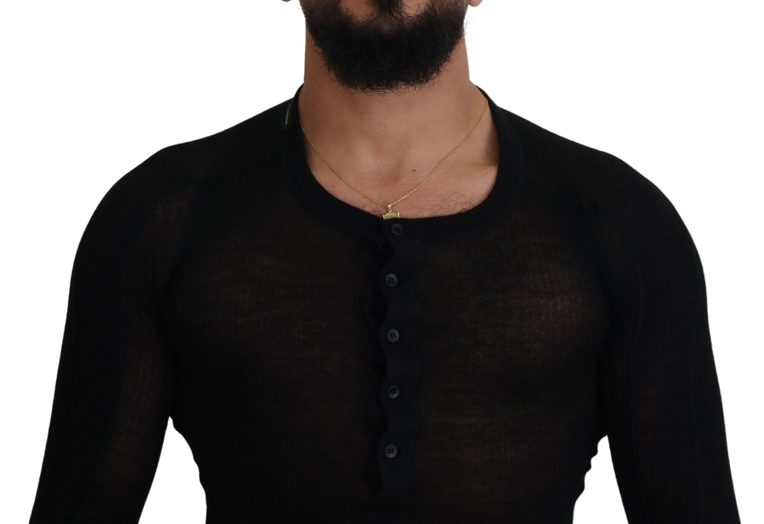 Black Dolce & Gabbana cashmere button pullover sweater with a classic round neckline and ribbed cuffs.