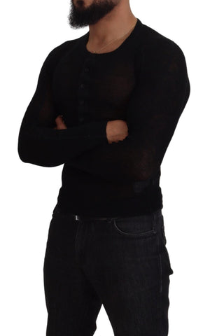 Black cashmere button pullover sweater by Dolce & Gabbana featuring a classic crewneck and button details.