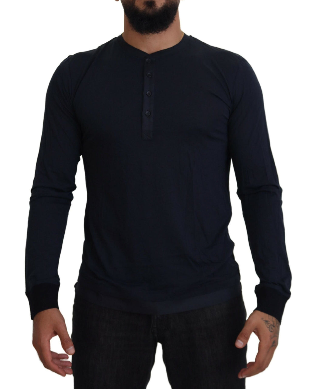 Blue cotton crewneck pullover sweater by Dolce & Gabbana, featuring button details and a classic fit.