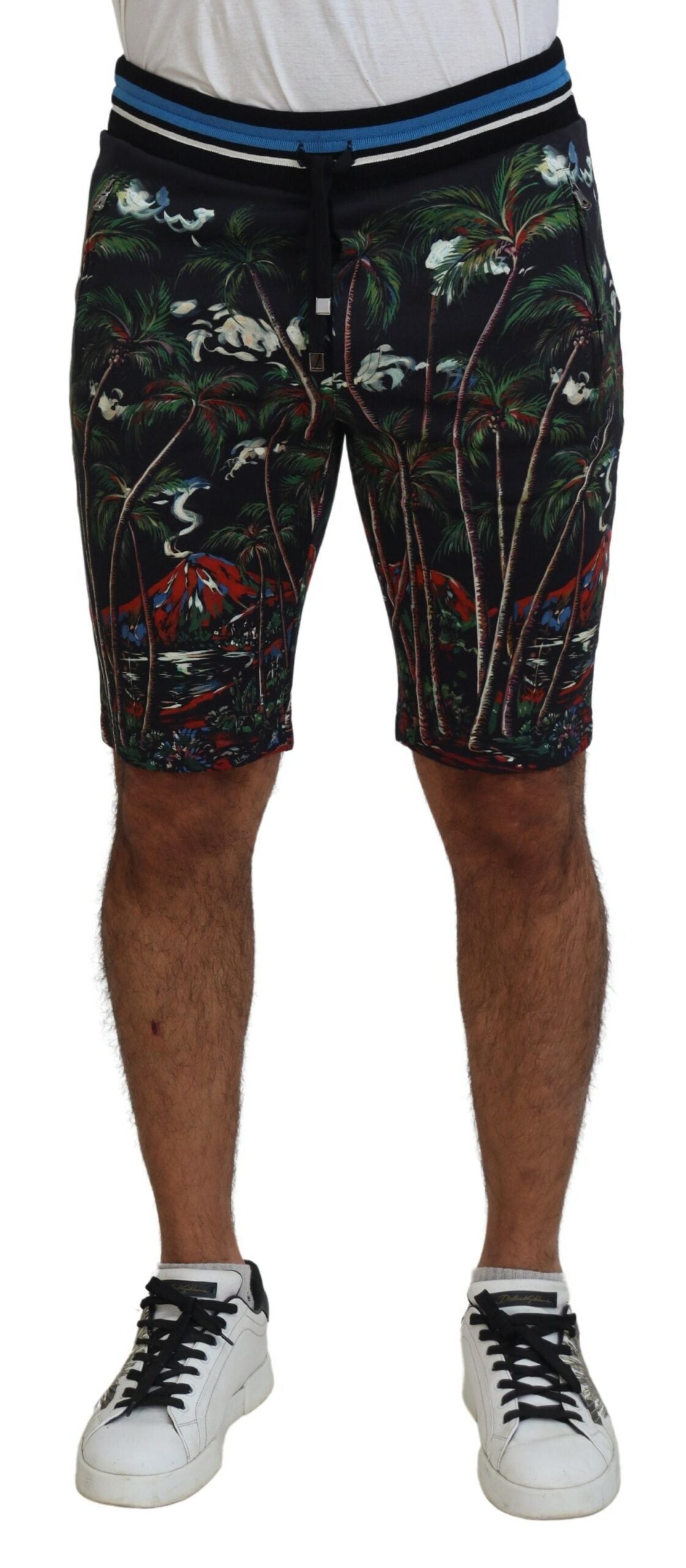 Black cotton casual shorts with a volcano print by Dolce & Gabbana, featuring a relaxed fit and stylish design.