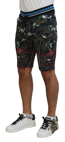 Black cotton casual shorts with volcano print by Dolce & Gabbana, featuring a relaxed fit and stylish design.