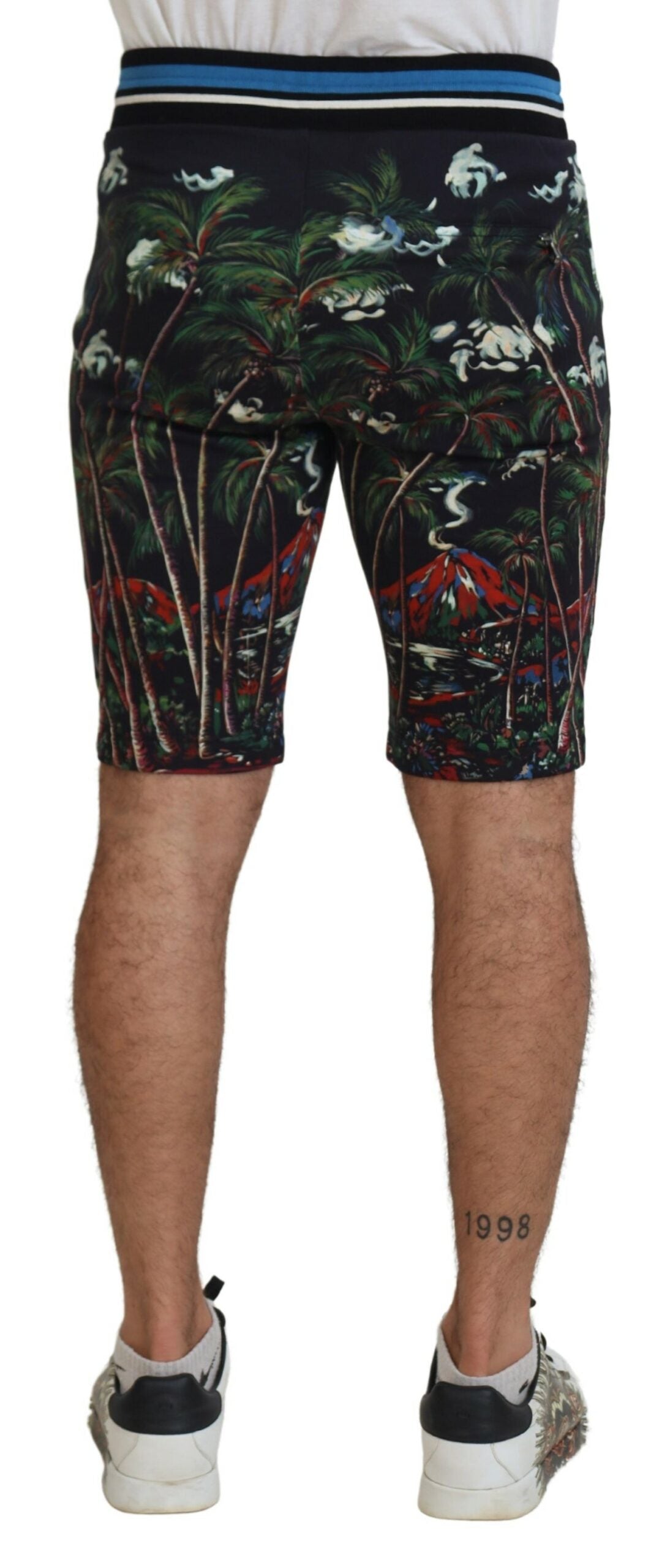 Black cotton casual shorts with volcano print by Dolce & Gabbana, featuring a relaxed fit and stylish design.