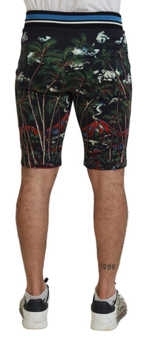 Black cotton casual shorts with volcano print by Dolce & Gabbana, featuring a relaxed fit and stylish design.