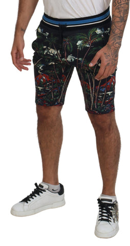 Black cotton casual shorts with volcano print by Dolce & Gabbana, featuring a relaxed fit and stylish design.