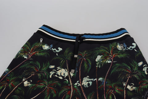 Black cotton casual shorts with volcano print from Dolce & Gabbana, featuring a relaxed fit and stylish design.