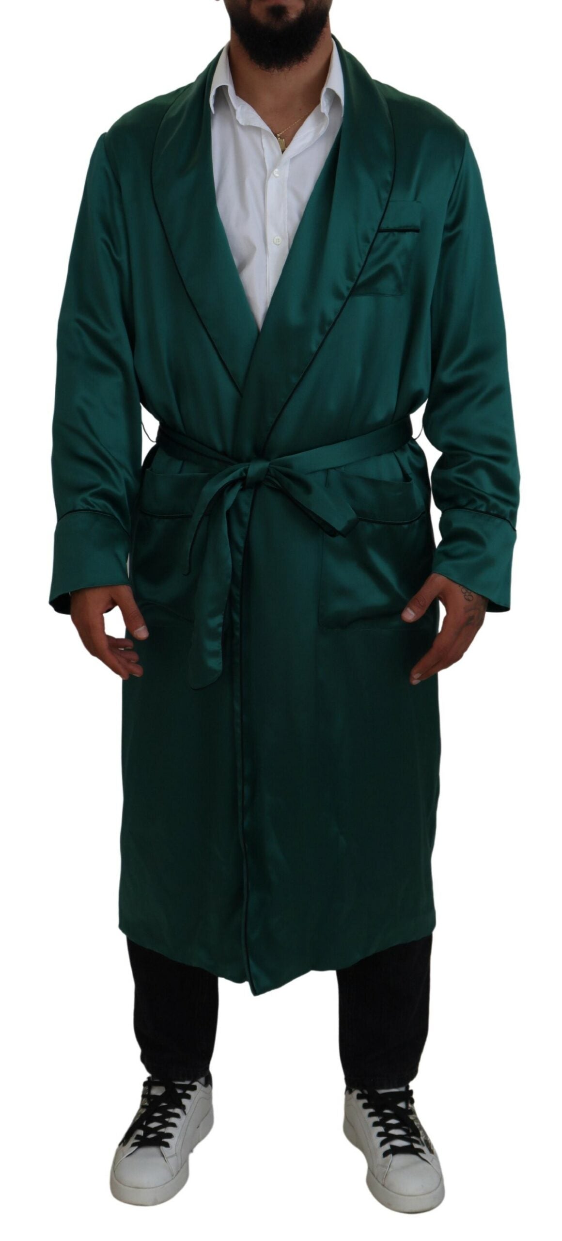 Green silk waist belt robe sleepwear by Dolce & Gabbana, featuring a luxurious satin finish and elegant design.