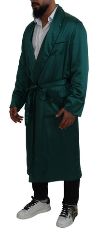 Green silk waist belt robe sleepwear by Dolce & Gabbana, featuring a smooth, luxurious fabric and elegant design.