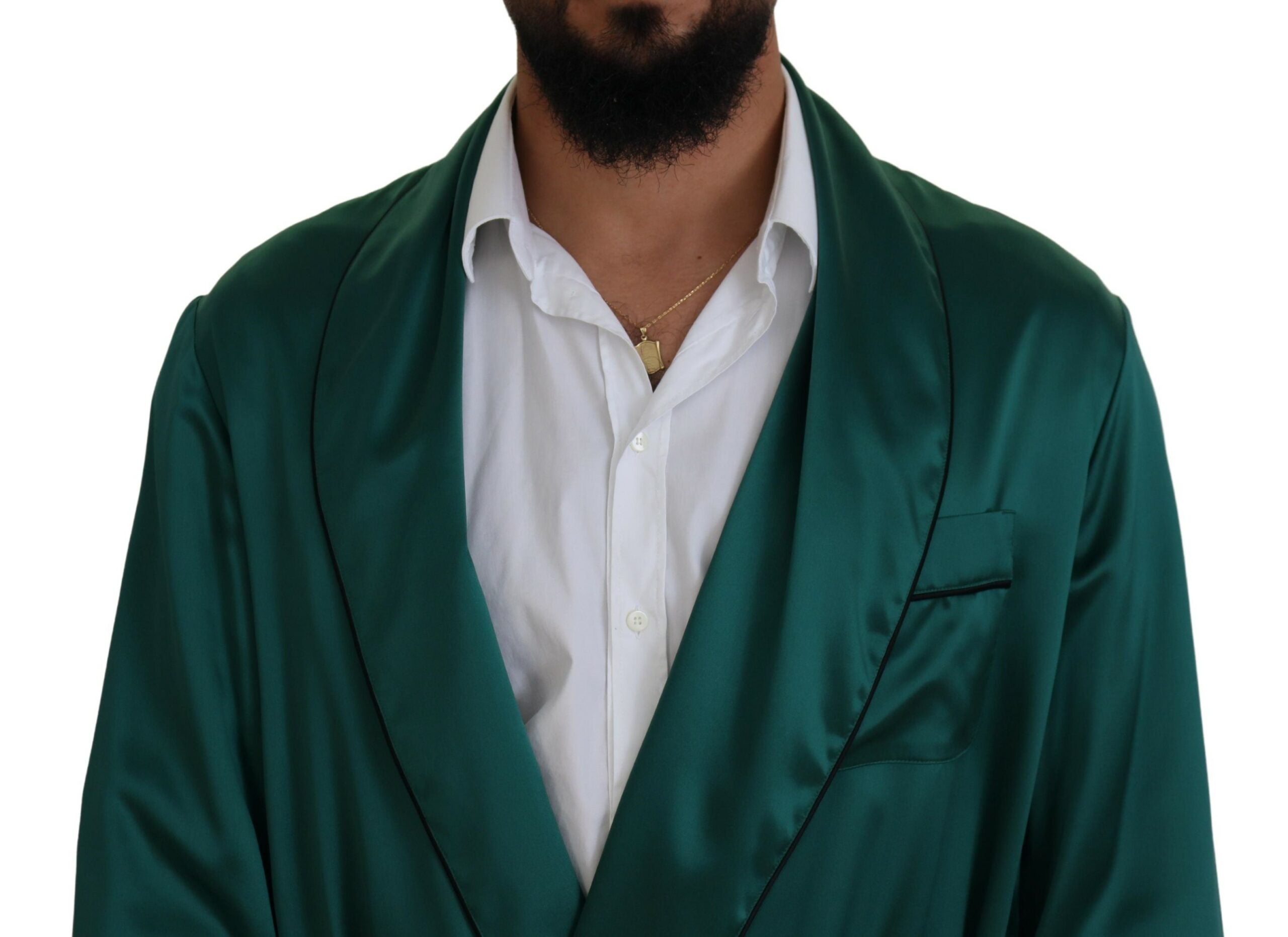 Green silk waist belt robe sleepwear from Dolce & Gabbana, featuring a luxurious fabric and elegant design.