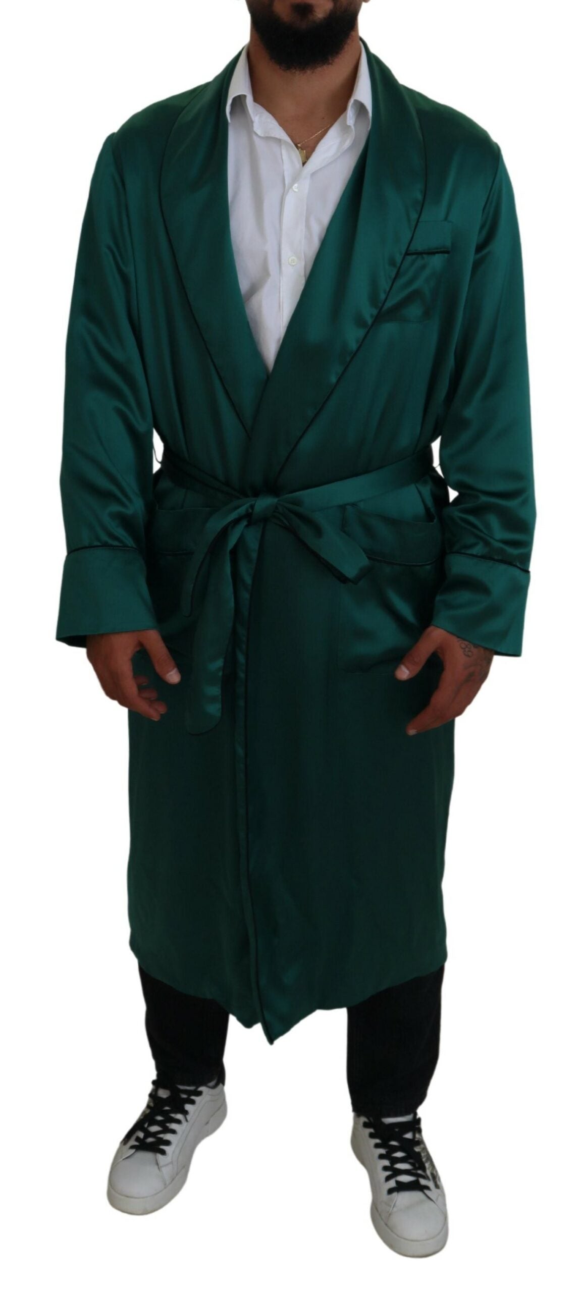 Green silk waist belt robe sleepwear by Dolce & Gabbana, featuring a luxurious smooth fabric and elegant design.