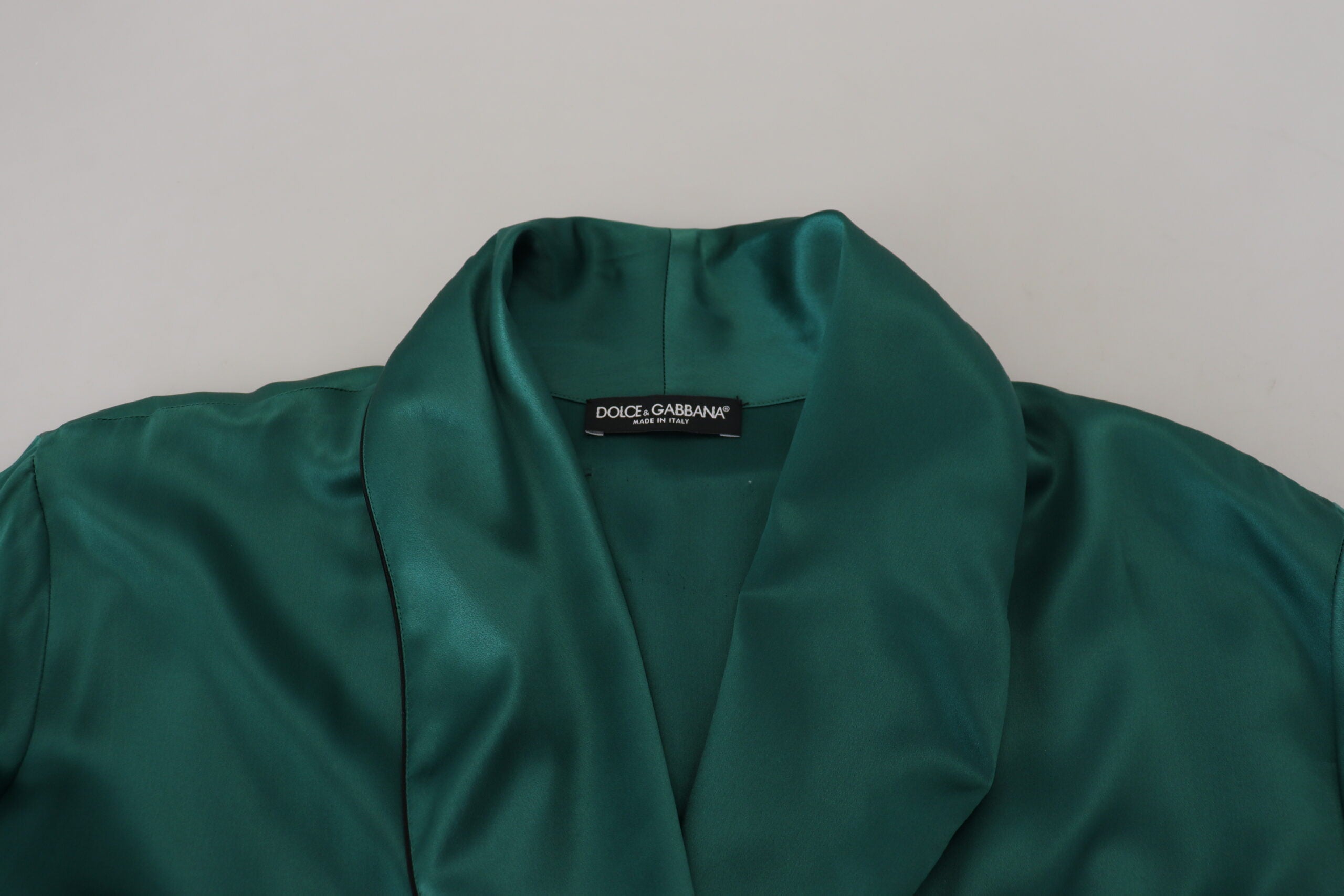 Green silk waist belt robe sleepwear by Dolce & Gabbana, featuring a luxurious satin finish and elegant design.