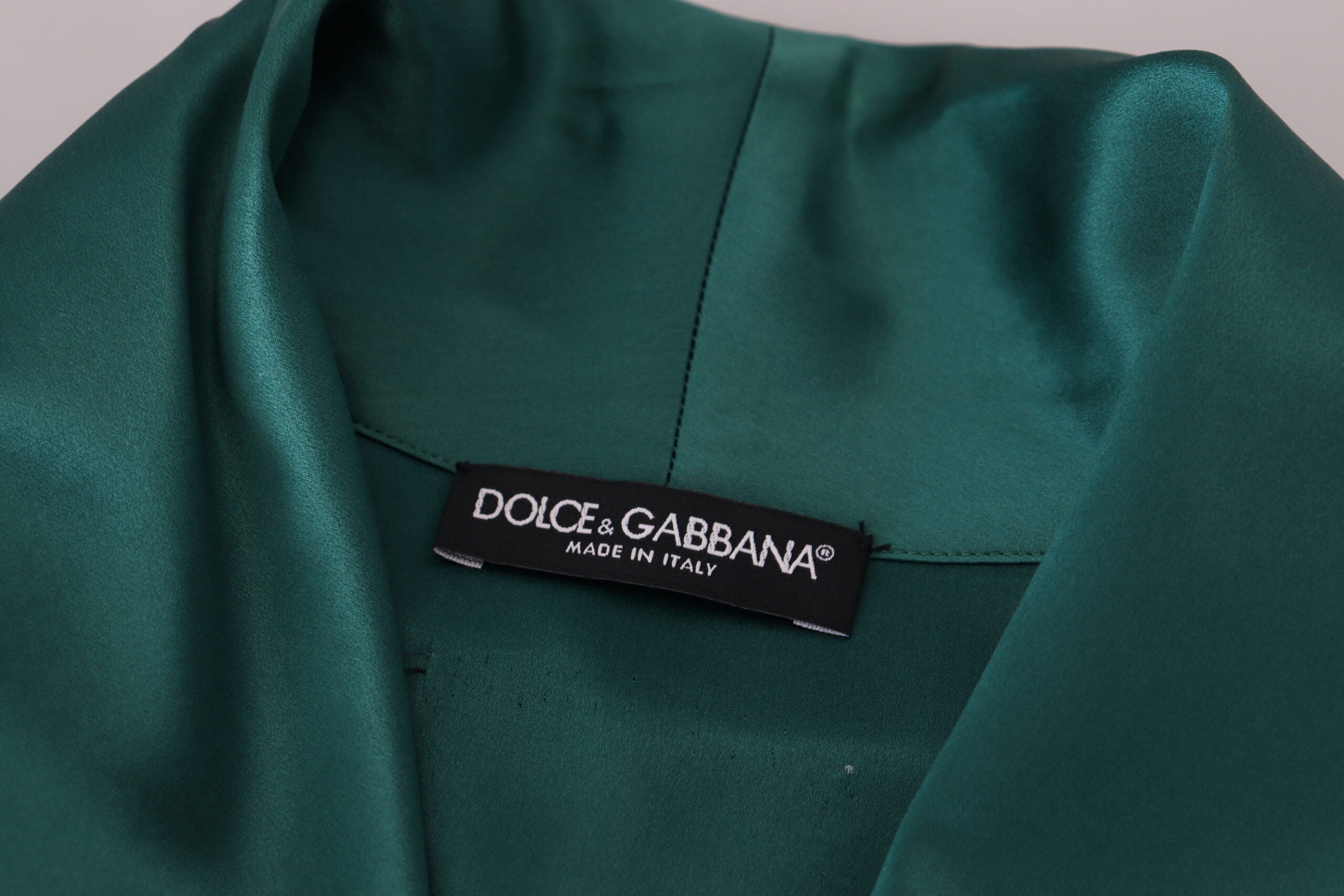 Green silk waist belt robe sleepwear by Dolce & Gabbana, featuring a smooth, luxurious fabric and elegant design.