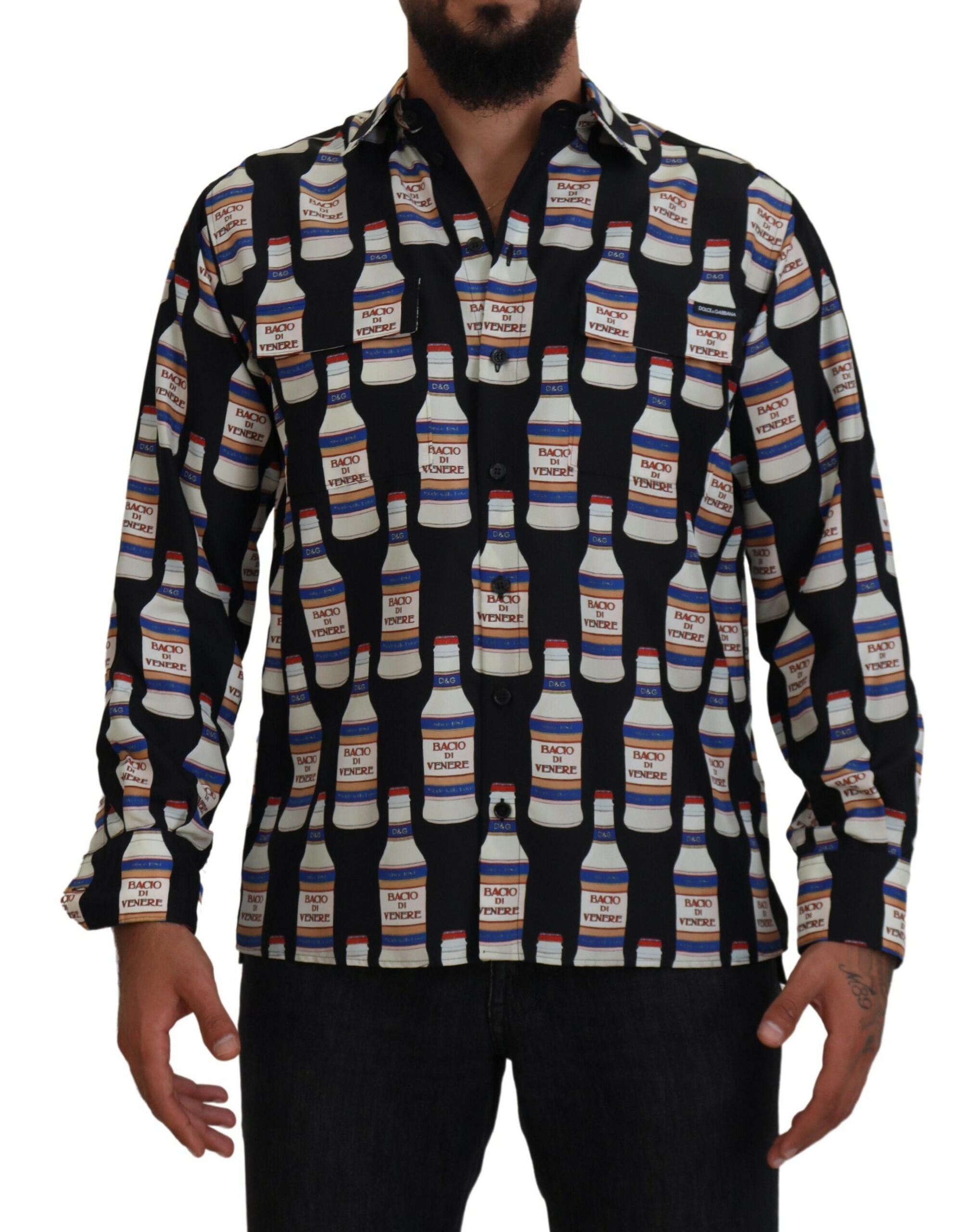 Black silk printed collared men's casual shirt by Dolce & Gabbana, featuring a stylish design and button-up front.