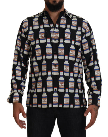 Black silk printed collared men's casual shirt by Dolce & Gabbana, featuring a stylish design and button-up front.