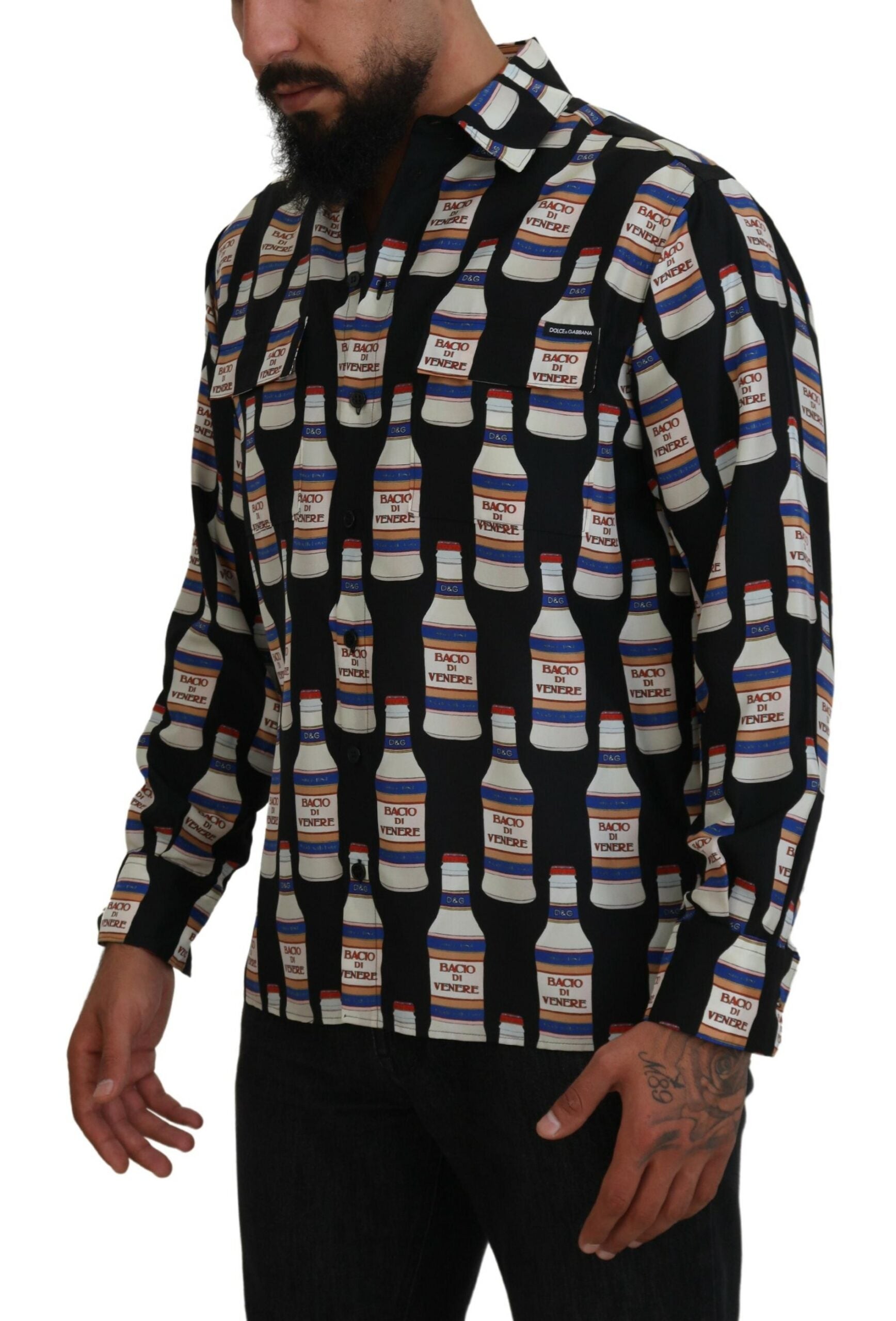 Black silk printed collared men's casual shirt by Dolce & Gabbana, featuring a stylish design and button-up front.