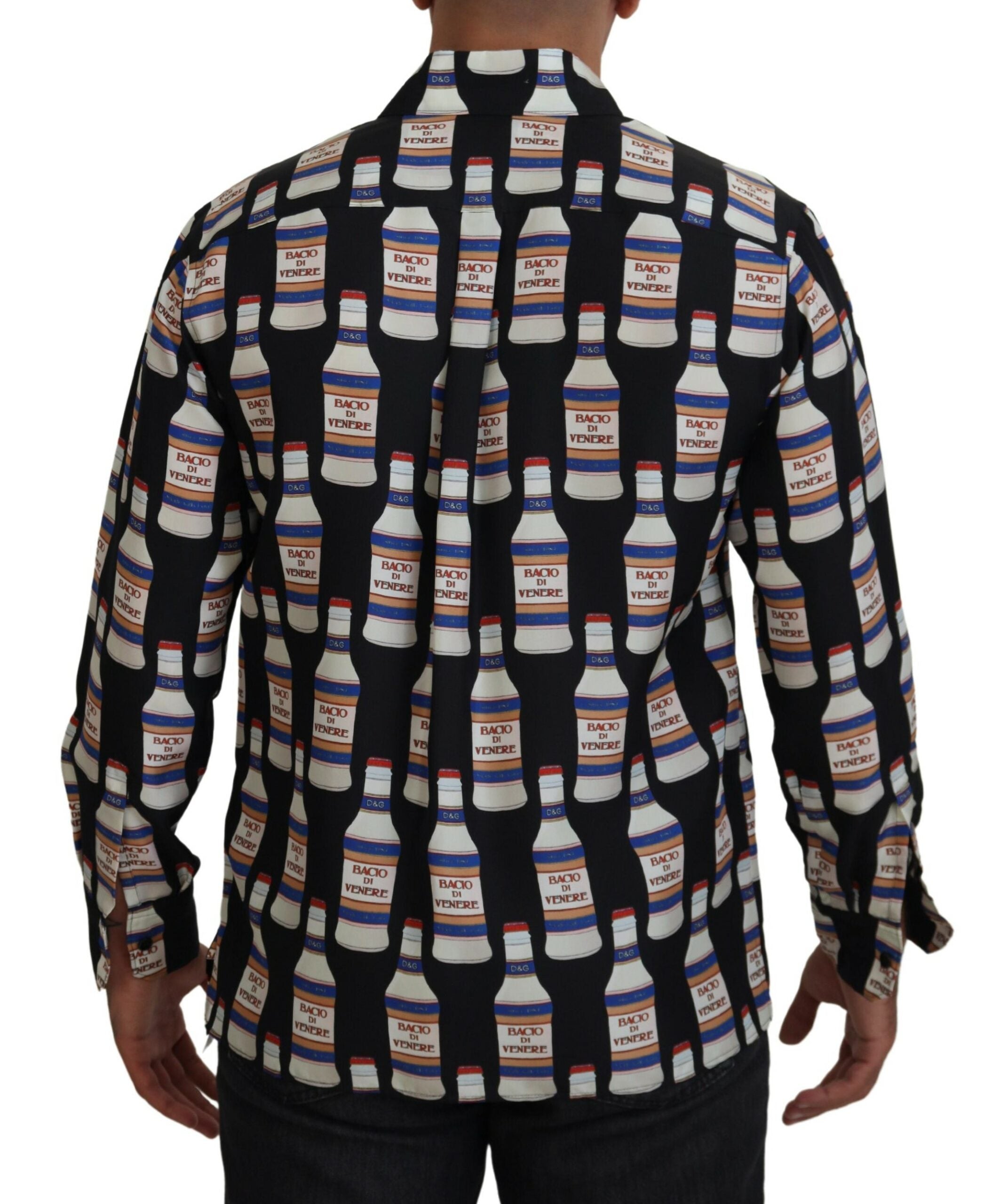 Black silk printed collared men's casual shirt by Dolce & Gabbana with button closure and stylish design.