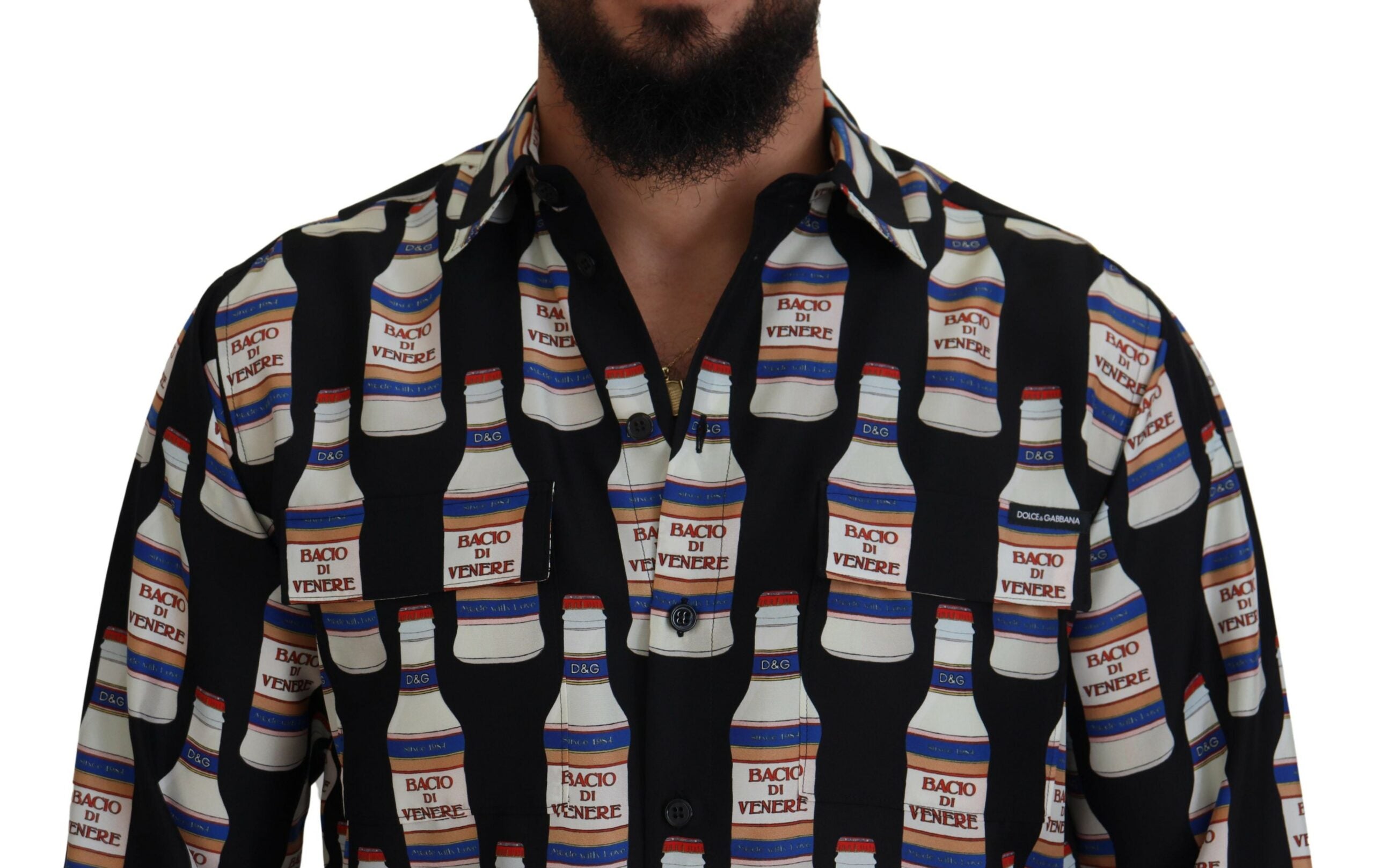 Black silk printed collared men's casual shirt by Dolce & Gabbana, featuring a stylish design and classic collar detail.
