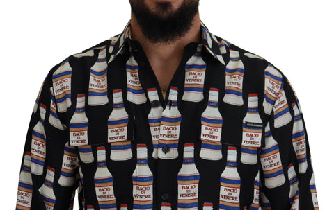 Black silk printed collared men's casual shirt by Dolce & Gabbana, featuring a stylish design and classic collar detail.
