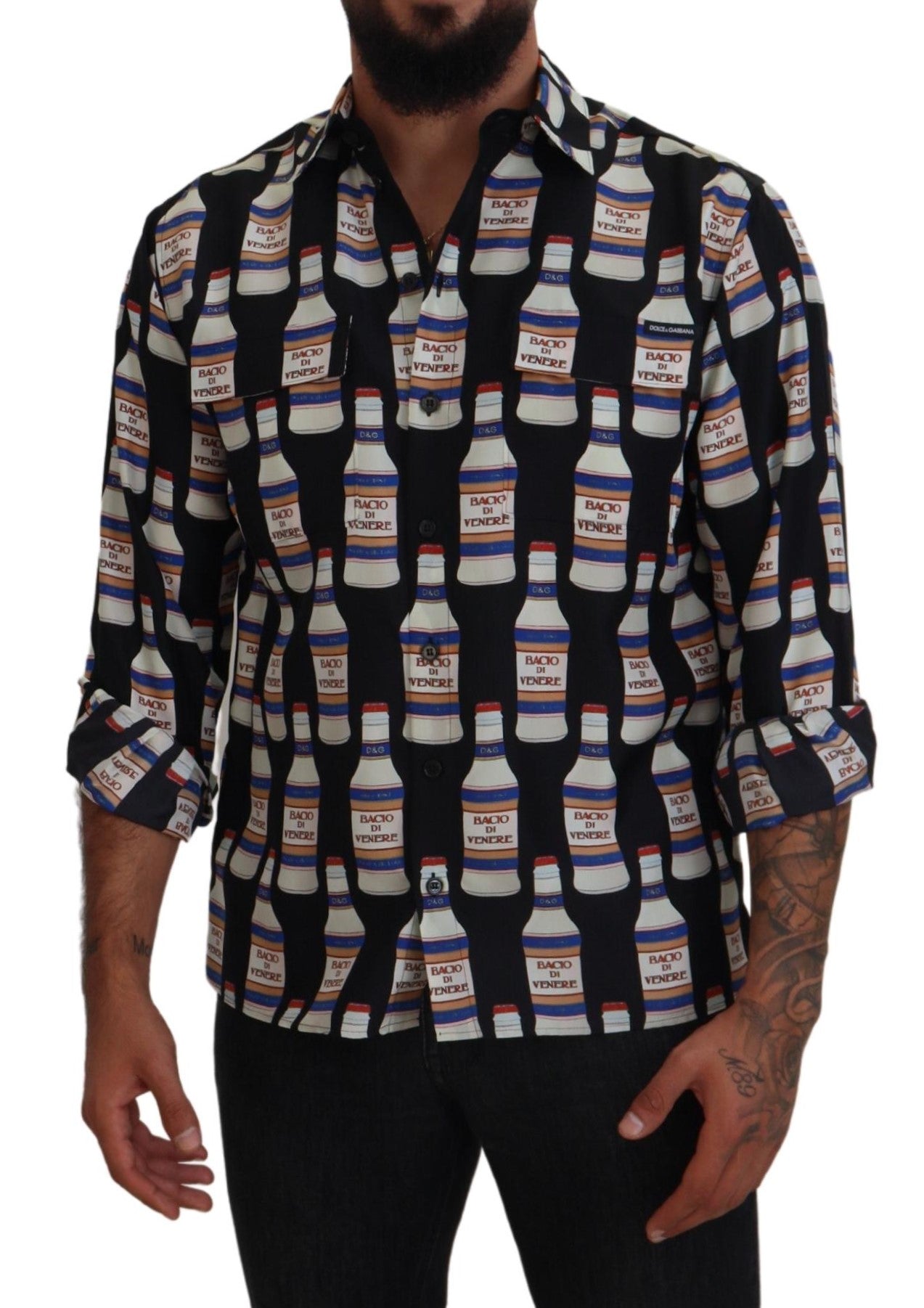 Black silk printed collared men's casual shirt by Dolce & Gabbana with button-down front and stylish design.