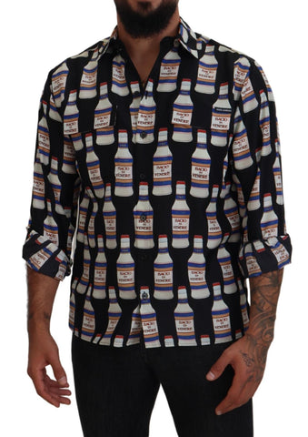 Black silk printed collared men's casual shirt by Dolce & Gabbana with button-down front and stylish design.